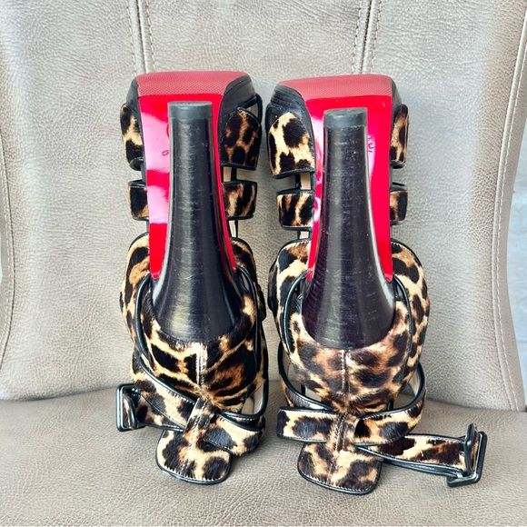 Christian loub Keny 120 Leopard Calf Hair Brown Black Gladiator Peep Toe 38 1/2 - Picture 10 of 16